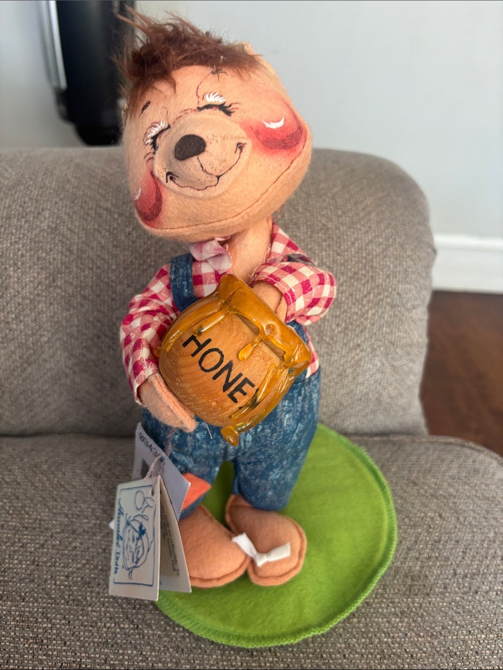 Annalee Tan and Brown Bear with Red Plaid Shirt and Honey Pot